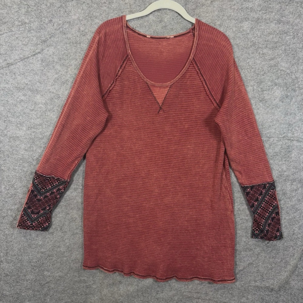 Soft Surroundings Waffle Knit Tunic Womens Sz L Rust Red Embroidered